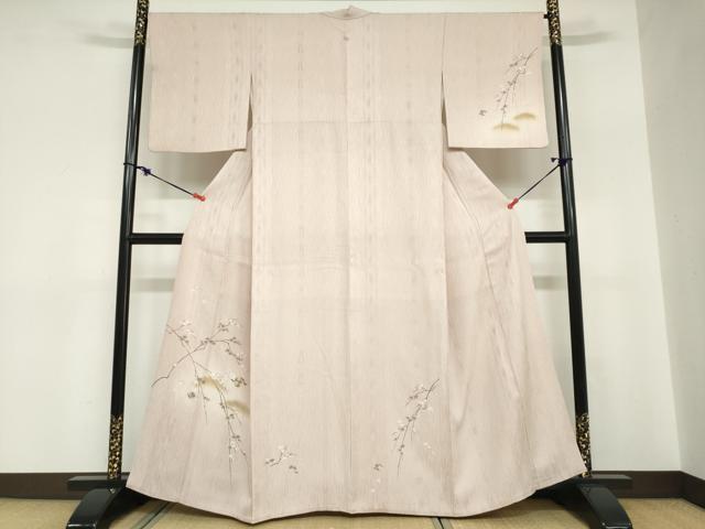 平和屋着物●訪問着　駒刺繍　ふくれ織　松皮菱草花文　金彩　正絹　逸品　DABC2768ud