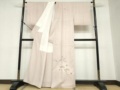 平和屋着物●訪問着　駒刺繍　ふくれ織　松皮菱草花文　金彩　正絹　逸品　DABC2768ud