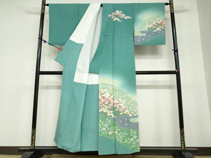 平和屋着物●訪問着　絞り　流水草花文　暈し染め　正絹　逸品　未使用　DABC2772ud
