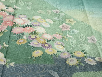 平和屋着物●訪問着　絞り　流水草花文　暈し染め　正絹　逸品　未使用　DABC2772ud