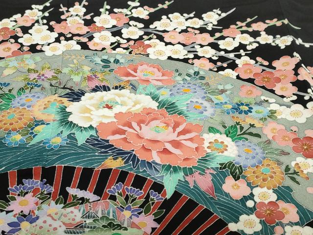 平和屋着物●本加賀友禅作家　佐藤潤　黒留袖　扇面にながれ梅　正絹　逸品　未使用　DABC2773ud