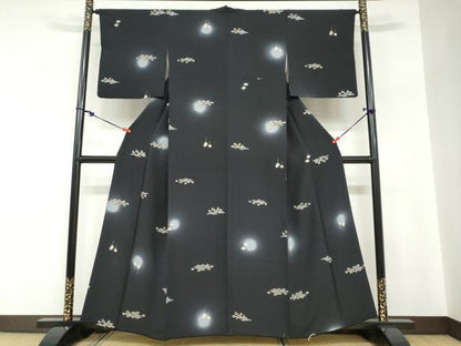 平和屋着物●上質な小紋　草花文　蛍暈し　黒地　金彩　正絹　逸品　DABC2779ud