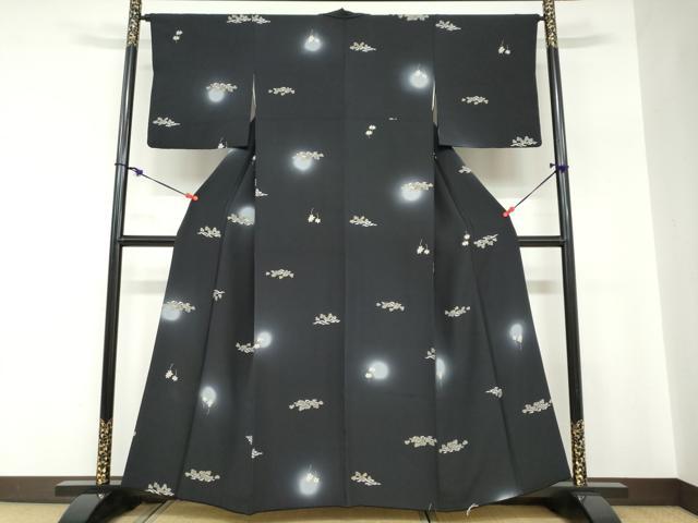 平和屋着物●上質な小紋　草花文　蛍暈し　黒地　金彩　正絹　逸品　DABC2779ud