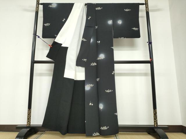 平和屋着物●上質な小紋　草花文　蛍暈し　黒地　金彩　正絹　逸品　DABC2779ud