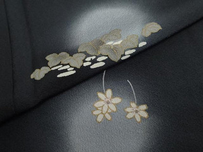平和屋着物●上質な小紋　草花文　蛍暈し　黒地　金彩　正絹　逸品　DABC2779ud