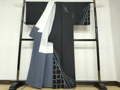 平和屋着物●訪問着　絞り　抽象文様　黒地　正絹　逸品　未使用　DABC2783ud