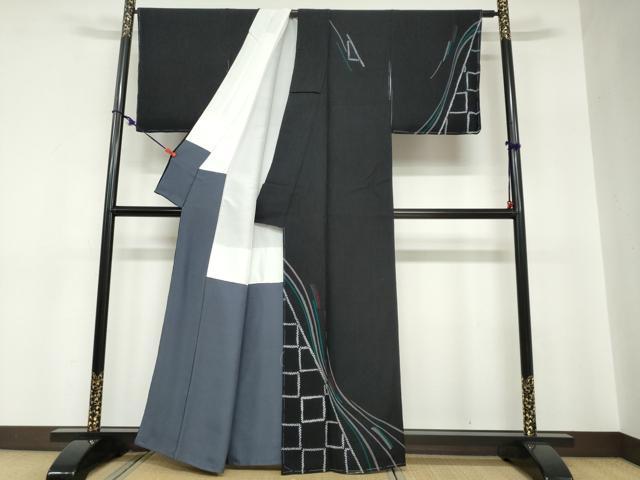 平和屋着物●訪問着　絞り　抽象文様　黒地　正絹　逸品　未使用　DABC2783ud