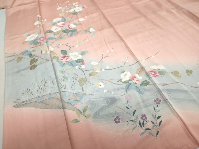 平和屋着物●訪問着　友禅　流水草花文　暈し染め　正絹　逸品　未使用　DABC2785ud