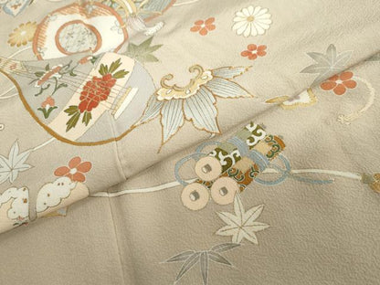 平和屋着物●訪問着　駒刺繍　楽器草花文　金彩　正絹　逸品　DABC2786ud