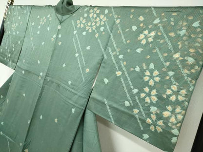 平和屋着物●訪問着　駒刺繍　絞り　舞桜文　金彩　正絹　逸品　DABC2789ud