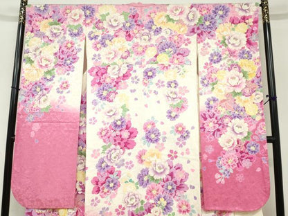 平和屋着物●豪華振袖　駒刺繍　草花文　暈し染め　金彩　銀通し地　京都きもの友禅扱い　正絹　逸品　DABC2805ud