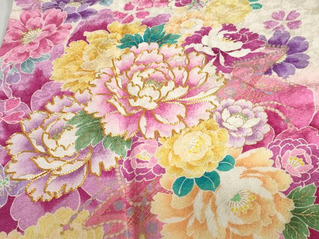 平和屋着物●豪華振袖　駒刺繍　草花文　暈し染め　金彩　銀通し地　京都きもの友禅扱い　正絹　逸品　DABC2805ud