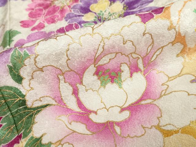 平和屋着物●豪華振袖　駒刺繍　草花文　暈し染め　金彩　銀通し地　京都きもの友禅扱い　正絹　逸品　DABC2805ud