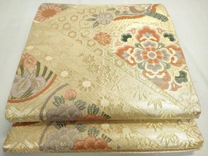 平和屋着物◎佐賀錦　六通柄袋帯　花鳥丸文　金糸　正絹　逸品　DABC2823ud