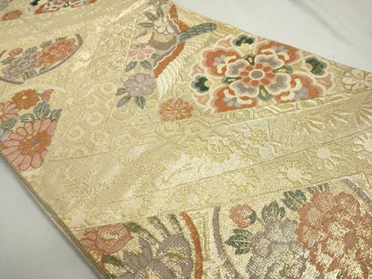 平和屋着物◎佐賀錦　六通柄袋帯　花鳥丸文　金糸　正絹　逸品　DABC2823ud