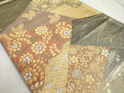 平和屋着物◎六通柄袋帯　切嵌草花文　金糸　正絹　逸品　DABC2824ud