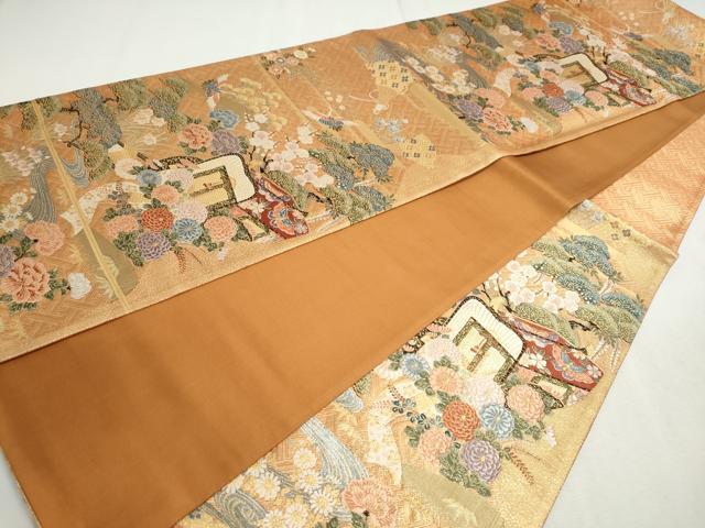 平和屋着物◎六通柄袋帯　流水飛鶴御所車草花文　金糸　正絹　逸品　DABC2827ud