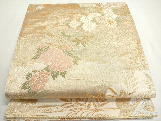 平和屋着物◎六通柄袋帯　唐織　エ霞草花文　金銀糸　正絹　逸品　DABC2830ud