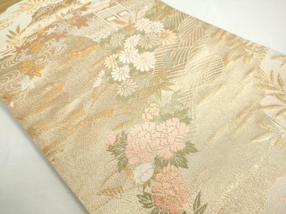 平和屋着物◎六通柄袋帯　唐織　エ霞草花文　金銀糸　正絹　逸品　DABC2830ud
