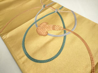 平和屋着物◎中国三大刺繍　相良刺繍　太鼓柄袋帯　駒刺繍　結び紐文　金糸　正絹　逸品　DABC2848ud