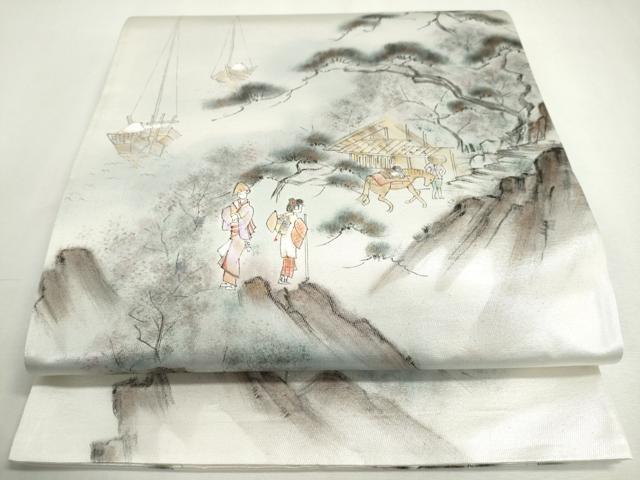 平和屋着物◎太鼓柄袋帯　手描き　人物風景文　銀糸　正絹　逸品　DABC2853ud