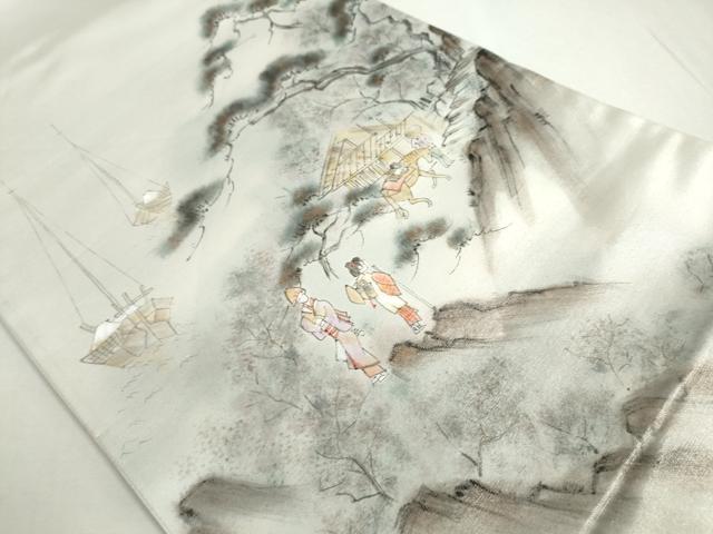 平和屋着物◎太鼓柄袋帯　手描き　人物風景文　銀糸　正絹　逸品　DABC2853ud