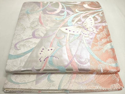 平和屋着物◎六通柄袋帯 唐織 花蝶文 銀糸 正絹 逸品 DABC2856ud