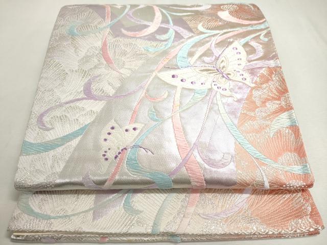 平和屋着物◎六通柄袋帯 唐織 花蝶文 銀糸 正絹 逸品 DABC2856ud