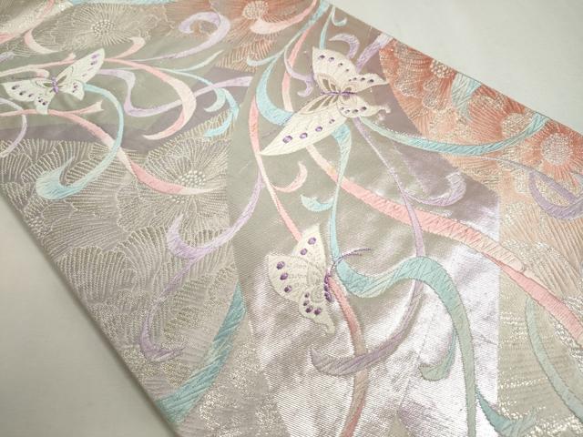 平和屋着物◎六通柄袋帯 唐織 花蝶文 銀糸 正絹 逸品 DABC2856ud