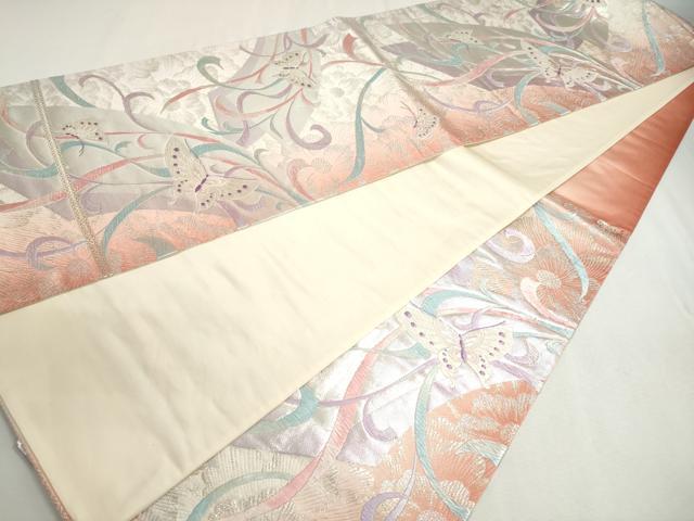 平和屋着物◎六通柄袋帯 唐織 花蝶文 銀糸 正絹 逸品 DABC2856ud