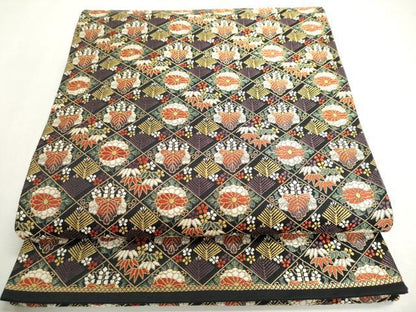 平和屋着物◎六通柄袋帯 草花菱文 黒地 金糸 正絹 逸品 DABC2869ud