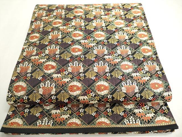 平和屋着物◎六通柄袋帯 草花菱文 黒地 金糸 正絹 逸品 DABC2869ud