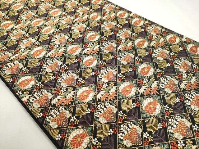 平和屋着物◎六通柄袋帯 草花菱文 黒地 金糸 正絹 逸品 DABC2869ud