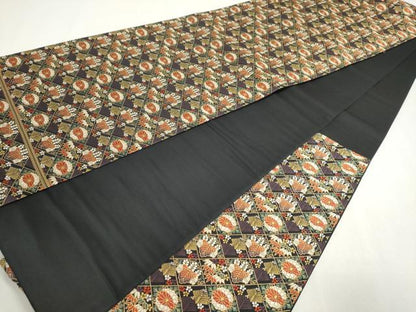 平和屋着物◎六通柄袋帯 草花菱文 黒地 金糸 正絹 逸品 DABC2869ud