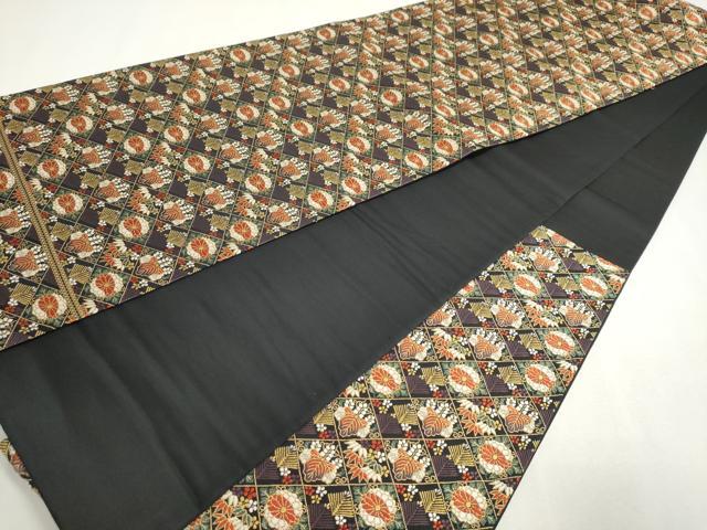 平和屋着物◎六通柄袋帯 草花菱文 黒地 金糸 正絹 逸品 DABC2869ud