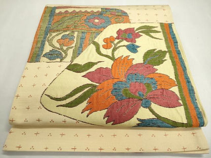 平和屋着物◎太鼓柄袋帯 紬地 洋花文 正絹 逸品 DABC2871ud