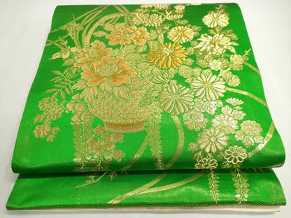 平和屋着物◎両面全通柄袋帯 飾花文 金糸 正絹 逸品 DABC2874ud