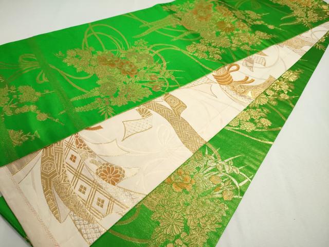 平和屋着物◎両面全通柄袋帯 飾花文 金糸 正絹 逸品 DABC2874ud