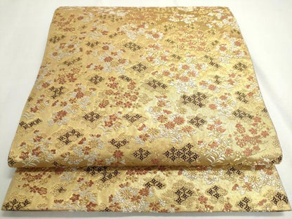 平和屋着物◎六通柄袋帯　明日香錦　屏風草花図　金糸　正絹　逸品　DABC2882ud