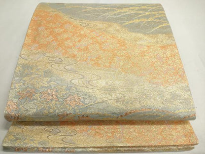 平和屋着物◎六通柄袋帯　流水草花文　金糸　正絹　逸品　DABC2886ud