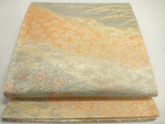 平和屋着物◎六通柄袋帯　流水草花文　金糸　正絹　逸品　DABC2886ud