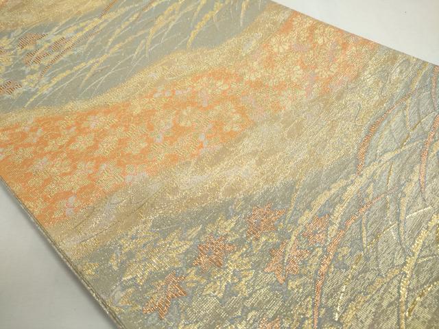 平和屋着物◎六通柄袋帯　流水草花文　金糸　正絹　逸品　DABC2886ud