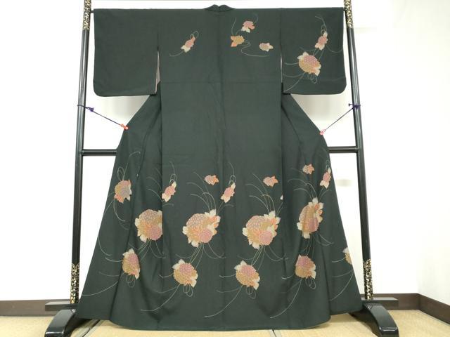 平和屋着物＃道中着　草花文　黒地　洗える着物　CABD7993in 平和屋着物○訪問着 草花文 黒地 洗える着物 DABC2891ud