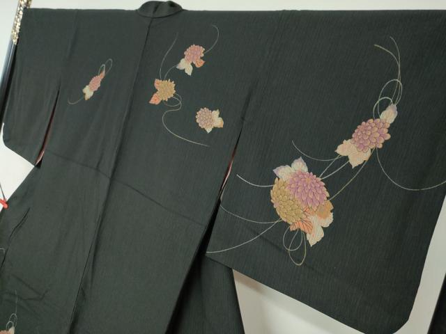 平和屋着物●訪問着　草花文　黒地　洗える着物　DABC2891ud
