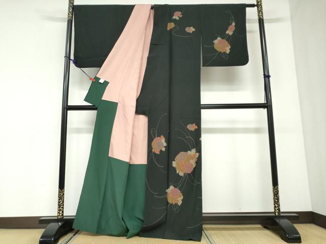 平和屋着物＃道中着　草花文　黒地　洗える着物　CABD7993in 平和屋着物○訪問着 草花文 黒地 洗える着物 DABC2891ud