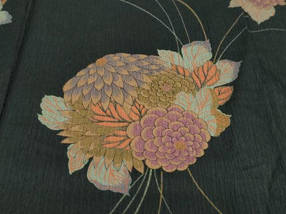 平和屋着物●訪問着　草花文　黒地　洗える着物　DABC2891ud