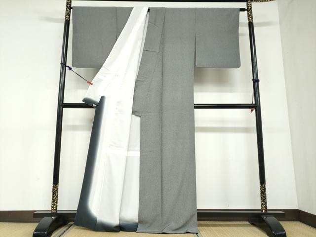 平和屋着物●江戸小紋　万筋　黒色×灰黄緑色　三越扱い　洗える着物　DABC2892ud