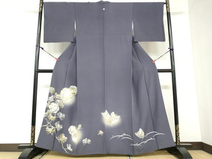 平和屋着物●豪華色留袖　雪輪飛鶴草花文　金彩　正絹　逸品　DABC2895ud