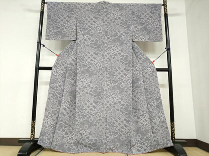 平和屋着物●上質な小紋　型染め　切嵌草花文　鬼しぼ縮緬　正絹　逸品　DABC2898ud