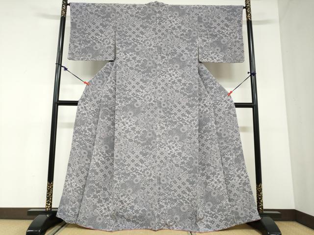 平和屋着物●上質な小紋　型染め　切嵌草花文　鬼しぼ縮緬　正絹　逸品　DABC2898ud